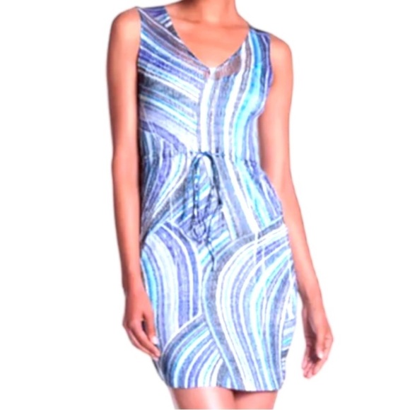 $184 KOMAROV Blue Crinkle Mini Dress Large 10 Easy Colorful Stretchy Travel NWT - Picture 4 of 14